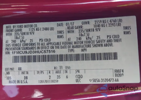 2017 Ford Escape Titanium z USA, uszkodzony, nr VIN 1FMCU9JD3HUC57516